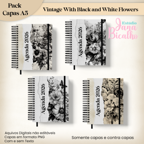 Pack Capas  Vintage With Black and White Flowers - Imagem 2