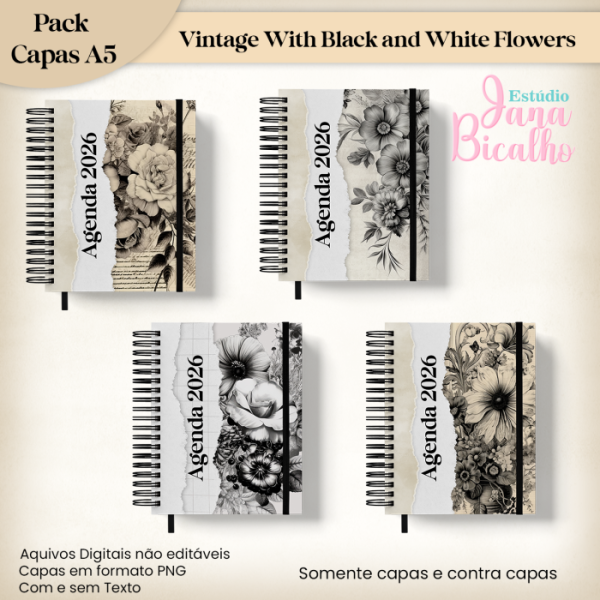 Pack Capas  Vintage With Black and White Flowers - Imagem 3