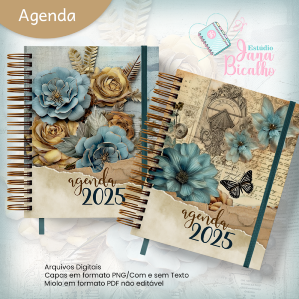 Agenda Permanente A5 Blue and Bronze Dusty Floral