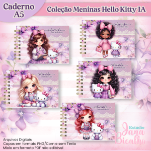 Caderno A5 Para Colorir Horizontal Coleção Meninas Hello Kitty IA