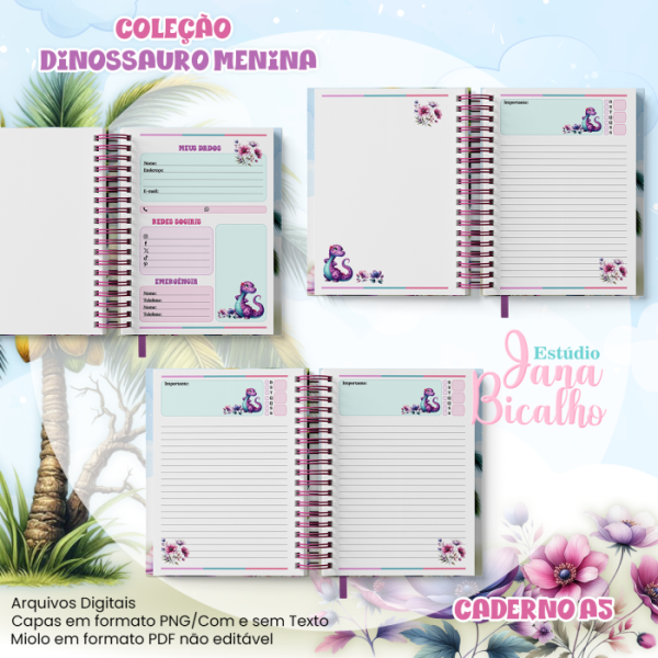 Caderno Pautado A5 Coleção Dinossauro Menina - Imagem 2