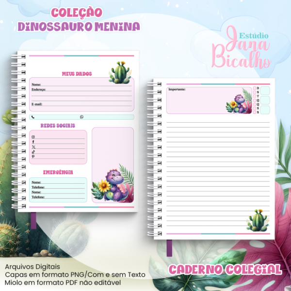 Caderno Colegial Coleção Dinossauro Menina - Imagem 2