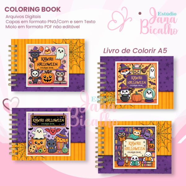 Livro A5 de Colorir Horizontal Kawaii Halloween