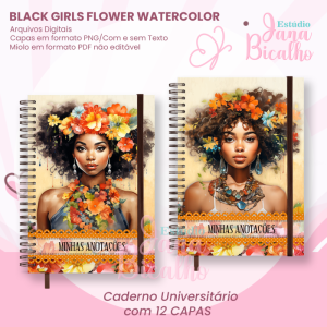 Caderno Universitário  Black Girls Flower Watercolor 12 em 1