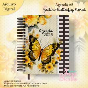 Agenda A5 Coleção Yellow Butterfly Floral (Miolo Datado + Miolo Permanente) 2DPP