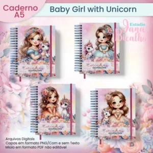 Caderno A5 Baby Girl with Unicorn 12 em 1